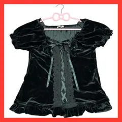 axes femmeビスチェ風トップス ベロア・レース・リボン 黒 フリル