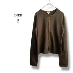 美品【INED】イネド　ウール100%長袖カーディガン　ニット　カーキ　２　毛
