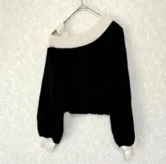 RESEXXY ブラック オフショルクロップド丈ニット バイカラー