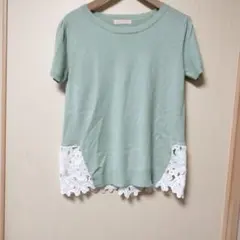iMAGE 半袖ニットトップス パステルグリーン 花柄レースのサムネイル