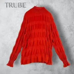 TRUBE シャーリング長袖ブラウス オレンジ　ハイネック　洗える　トップス