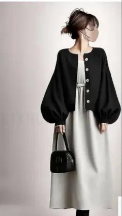 ランタンスリーブボタン　L 黒　ジャケットのみ　裏地、ポケット付き