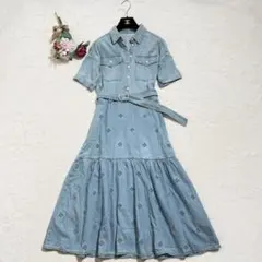 美品　グレースコンチネンタル　デニムロングワンピース　刺繍　マキシ丈　ティアード