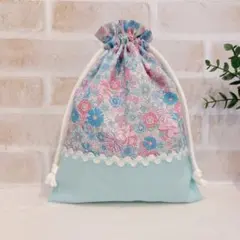 ハンドメイド 巾着 * 給食袋 コップ袋 かわいい 女の子 リボン 花柄 ブルー