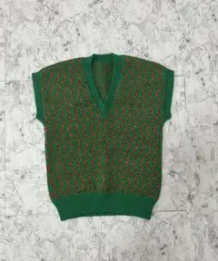 ニットベスト 波模様　グリーン/ブラウン　ヴィンテージ
