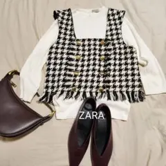 ZARA ザラ ブロックチェック柄スクエアネックツイードベスト 黒白 海外XS