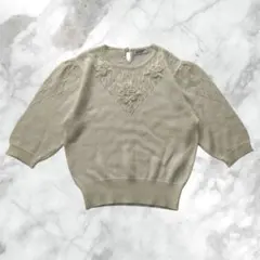 半袖ニット 立体 花刺繍 パフスリーブ風 きれいめカジュアル 古着 レトロ