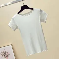 【新品未使用品】サマーニット　Tシャツ　白　薄手　ラウンドネック　韓国　レトロ