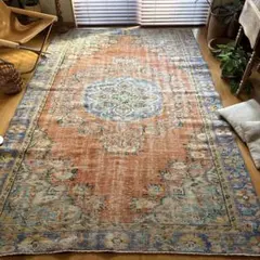 大判173×259夕焼けオレンジ×ブルー　メダリオン　トルコヴィンテージラグ