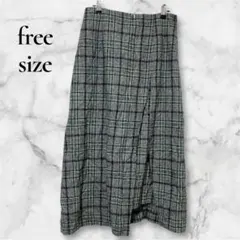 値下げ○【free】チェック柄 フレアロングスカート 厚手 モノトーン ツイード