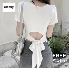 one way 背中見せ 背中あき バックリボン 半袖Tシャツ リブ 白 フリーのサムネイル