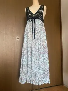 1点もの！かぎ針編み 切り替え ドッキング ワンピース 花柄 重ね着にも