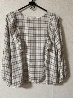 チェック柄 肩フリルシャツ Lサイズ