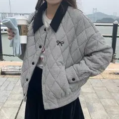 チェックキルティングジャケット グレー 中綿ジャケット アウター レディース