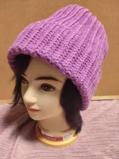 ニット帽子　パープル　【ハンドメイド手編み】　メンズ&レディース両用