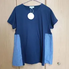切り替え　チュニック　Tシャツ Lサイズ　新品　黒　チェック　ネイビー　異素材のサムネイル