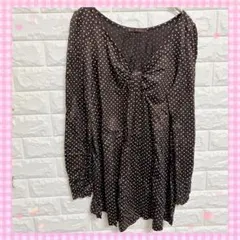 美品✨ブラウン ドット柄 長袖チュニック リボン F プリーツ レディース