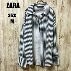 【ザラ】美品 清楚 上品 ストライプシャツ 青 白 M 映え オーバーサイズ 春