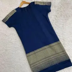 レディースワンピース/民族調ワンピース/ネイビー/金/飾り刺繍