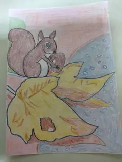 リスと葉の小さな秋　色鉛筆画