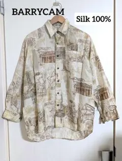 美品 90s BARRYCAM シルク100% 総柄M(日本Lサイズ)長袖シャツ