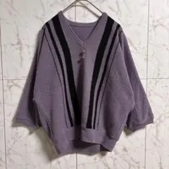 ラベンダー Vネック ニットトレーナー ストライプ ミドル袖 5部袖 春服