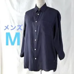 BEAMS ビームスリネンシャツ 麻100% メンズM 七分袖 ネイビー 薄手のサムネイル