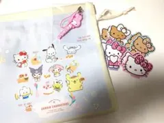 サンリオリボン巾着　日焼キティステッカーシール　マイメロキーホルダーセット