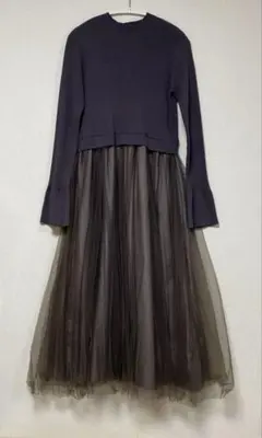 OPAQUE.CLIP ニット×シフォン　ロングワンピース ブルーグレー　M