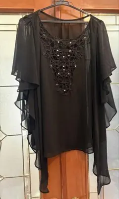 ブラック シフォンブラウス ビーズ装飾