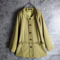 【ヴィンテージ】ノーカラー ジャケット シンプル ワンカラー 黄緑 レトロ