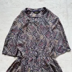 レトロ古着 小花柄×幾何学模様 紺色 Aラインロングワンピース 夏秋 半袖 ad