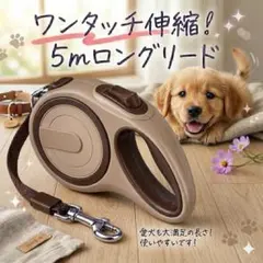 犬用リード 5m ワンタッチ　ロック機能　お散歩　軽量　リード　ベージュ