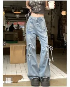 フリンジリボンセミフレアデニムパンツ