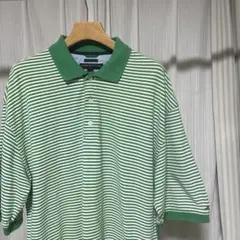 【美品】TOMMY HILFIGER 緑白ストライプ ポロシャツ Lサイズ