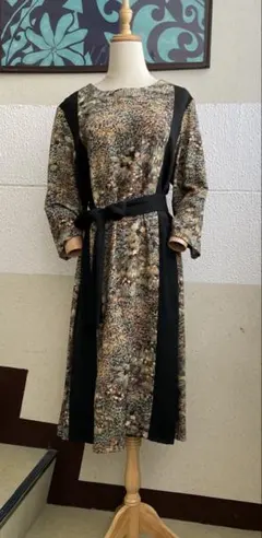 ウエストリボン付きロングワンピース　着物リメイク