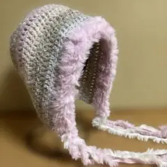 ファー付き フード帽 ボンネット バラクラバ ピンク ニット帽 ハンドメイド