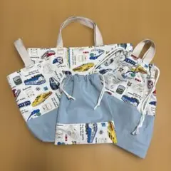 ハンドメイド　入園入学4点セット　電車　男の子　絵本袋　体操服袋　上靴袋　給食袋