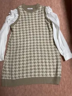 千鳥柄ニットワンピース　LサイズですがMでも良い感じです　ベージュワンピース