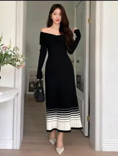 オフショルダーリブニットワンピース