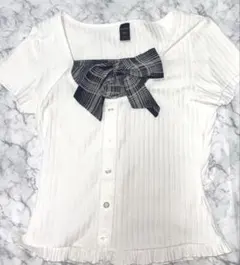 ♡ 【新品未使用/完売品】チェック リボン付きリブカットソー ホワイト ホビ垢♡