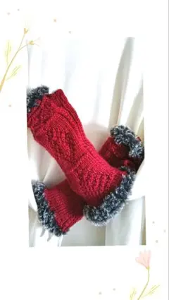 手編み　ハンドウォーマー　ガンジー模様　レッド