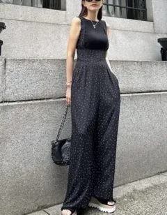 【admance】ブラックドット柄ワイドオールインワン