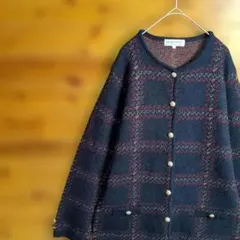 ノーカラージャケット　カーディガン　ニット　金ボタン　紺　赤　チェック　格子　Ⅼ