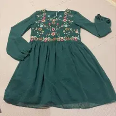 花柄刺繍 チュニック ワンピース 長袖 深緑 エスニック