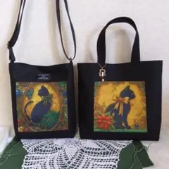 素敵な、黒猫パネル大きめサコッシュと、チャーム付きトートバッグを作りました。