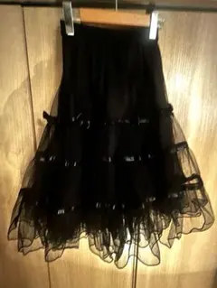 チュール スカート 黒 フリル リボン ゴスロリ パニエ風 ミモレ丈