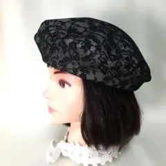 手作り、夏仕立て黒レースベレー帽のサムネイル