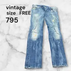 ヴィンテージ加工 デニムパンツ ダメージ加工 ブルー FREE ジーンズ長ズボンのサムネイル