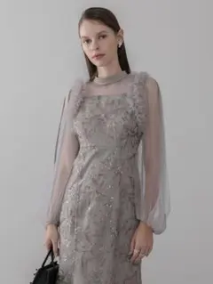 フラワースパンコールチュールフリルロングスリーブマーメイドワンピースドレス結婚式